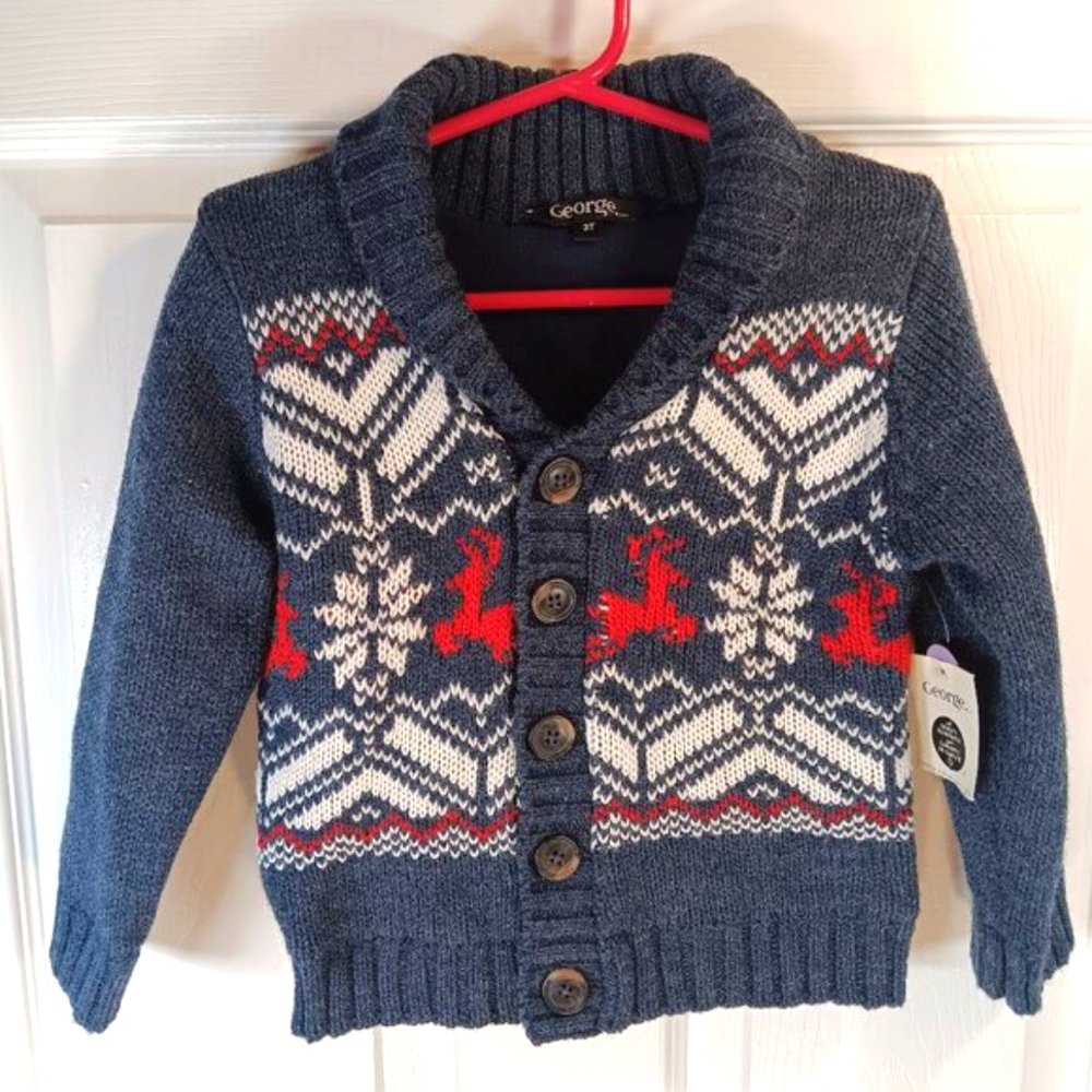 NWT George Boys Fleece Lined Cardigan Sweater Winter Print Knit Size 3T